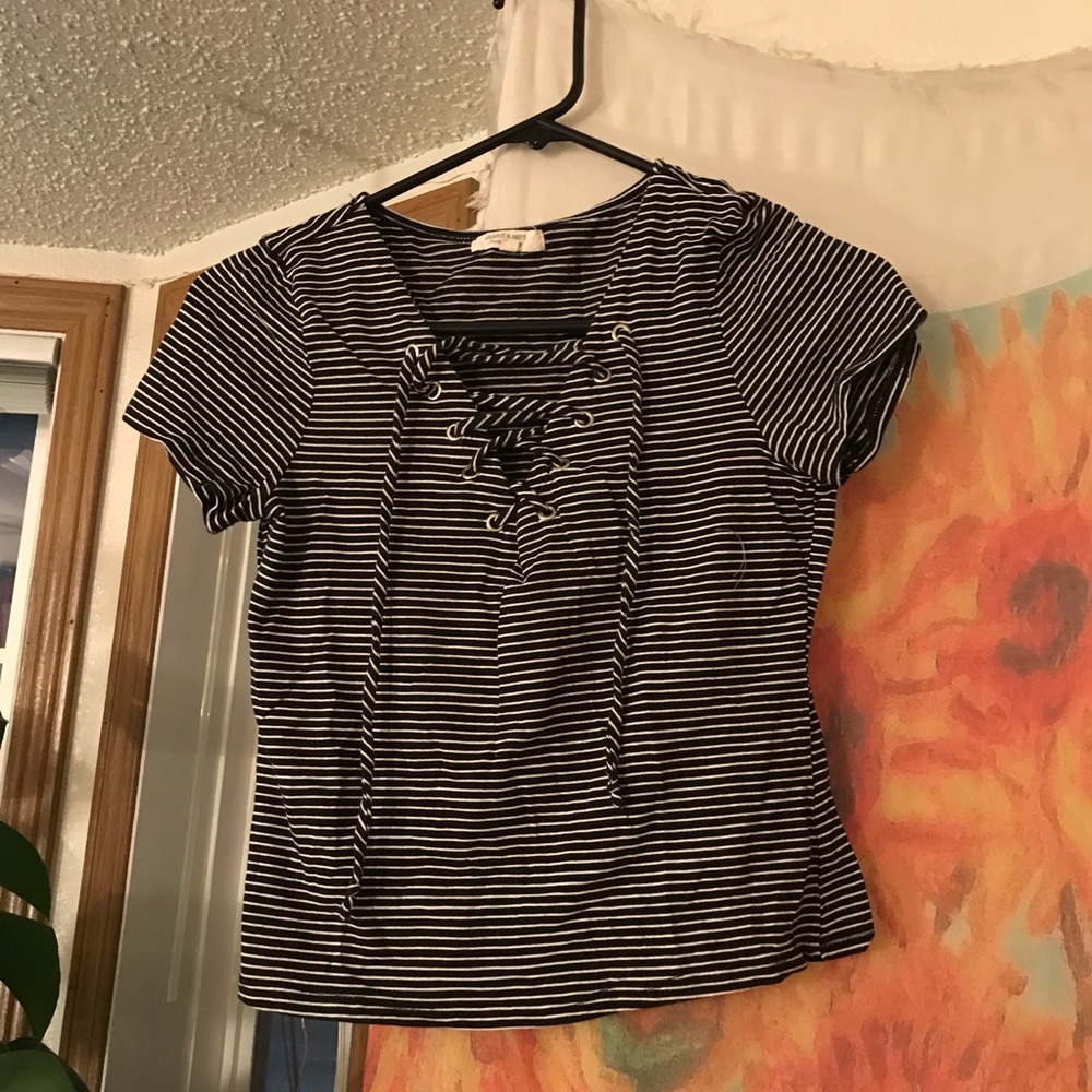 Heart & Hips B&W Striped Shirt w/ Crossed Straps